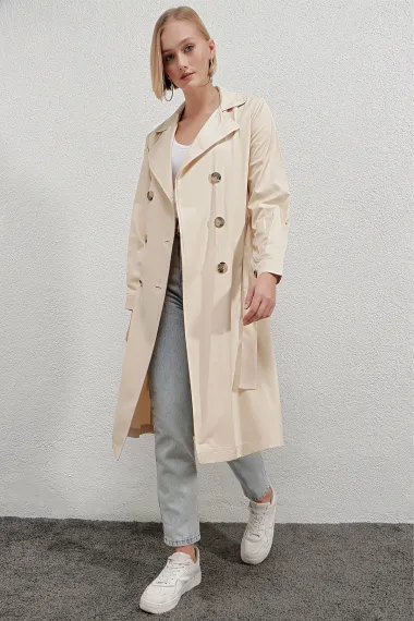 Women's Cream Double Breasted Collar Belted Unlined Seasonal Casual Trench Coat Hzl22s-bd158531 - photo 3