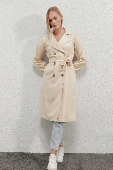 Women's Cream Double Breasted Collar Belted Unlined Seasonal Casual Trench Coat Hzl22s-bd158531 - photo 2