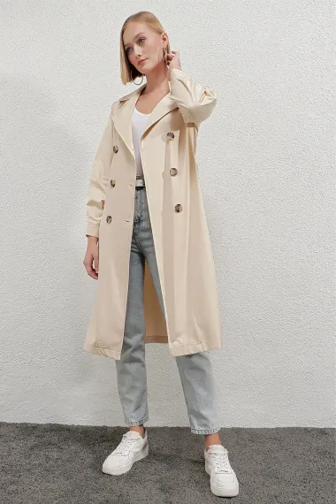 Women's Cream Double Breasted Collar Belted Unlined Seasonal Casual Trench Coat Hzl22s-bd158531 - photo 5