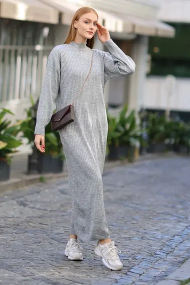 Women's Gray Zipper Collar Ribbed Knitwear Dress HZL24W-BD1102271 - photo 2