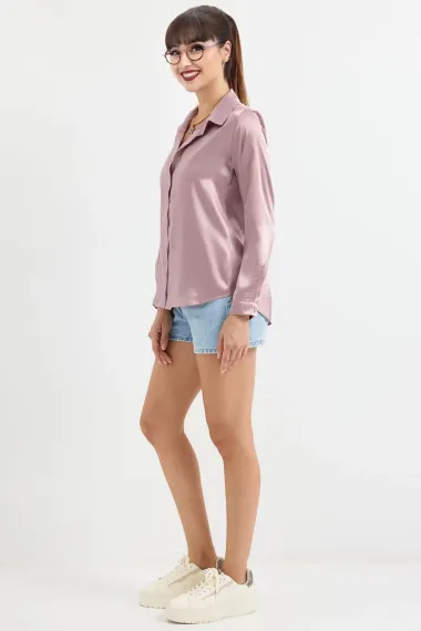 Women's Dusty Rose Lightly Draped Satin Surface Shirt HZL22W-BD139641 - photo 3