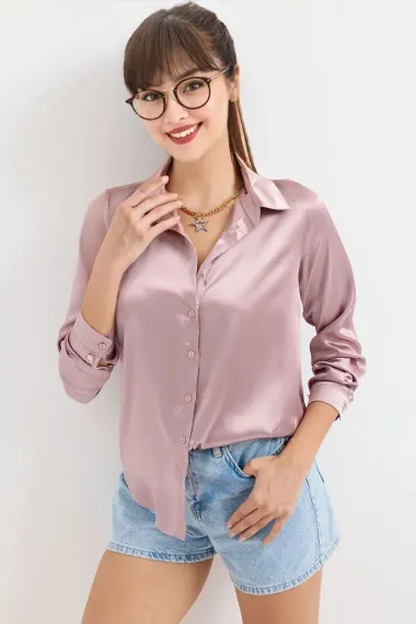 Women's Dusty Rose Lightly Draped Satin Surface Shirt HZL22W-BD139641 - photo 1