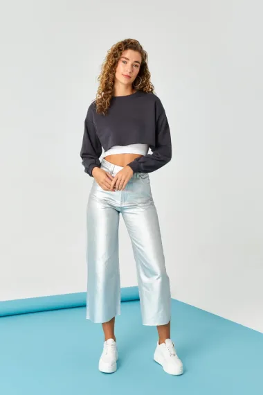 Kadın Antrasit Basic Bisiklet Yaka Uzun Kollu Crop Sweatshirt HZL24W-ZK11351 - fotoğraf 4