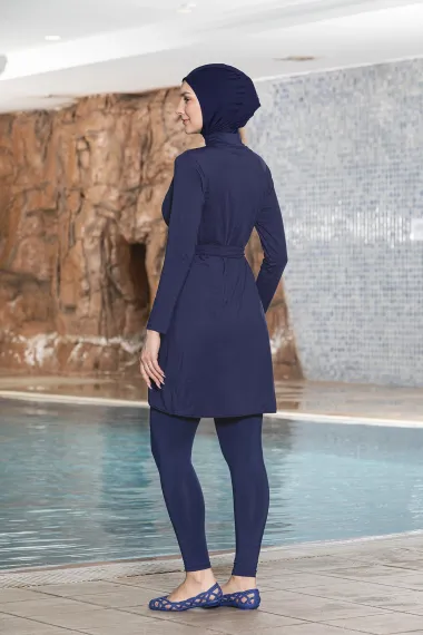 Women's Hijab Navy Blue Long Sleeve Bonnet Full Covered Tights Dress Swimsuit HZL24S-AR1252-02