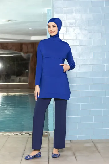 Women's Hijab Saks Blue Pocketed Long Sleeve Fully Covered Tights Lycra Dress Swimsuit HZL24S-AR1254-11