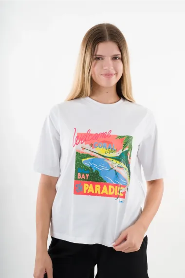 Kadın Beyaz Paradise Baskılı Bisiklet Yaka T-Shirt HZL24S-YY302 - photo 2