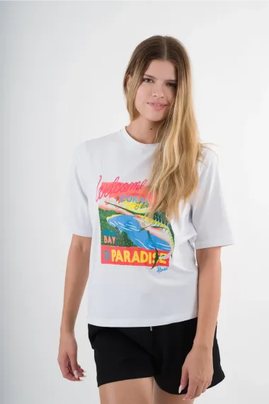 Kadın Beyaz Paradise Baskılı Bisiklet Yaka T-Shirt HZL24S-YY302 - photo 4