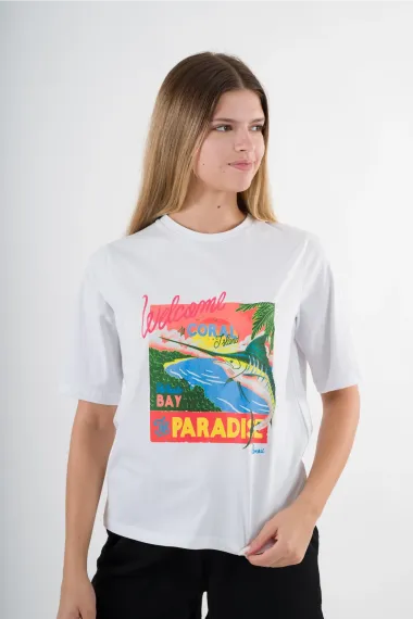 Kadın Beyaz Paradise Baskılı Bisiklet Yaka T-Shirt HZL24S-YY302 - photo 1