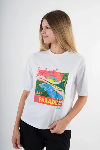 Kadın Beyaz Paradise Baskılı Bisiklet Yaka T-Shirt HZL24S-YY302 - photo 3