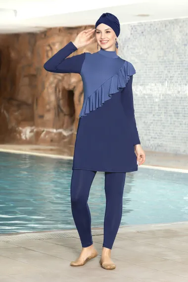 Women's Hijab Navy Blue Long Sleeve Full Covered Front Ruffle Tights Dress Swimsuit HZL24S-AR1262-02 - photo 1