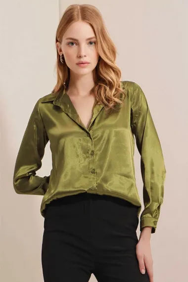 Women's Oil Green Lightly Flowing Satin Surface Shirt HZL22W-BD139641 - photo 2