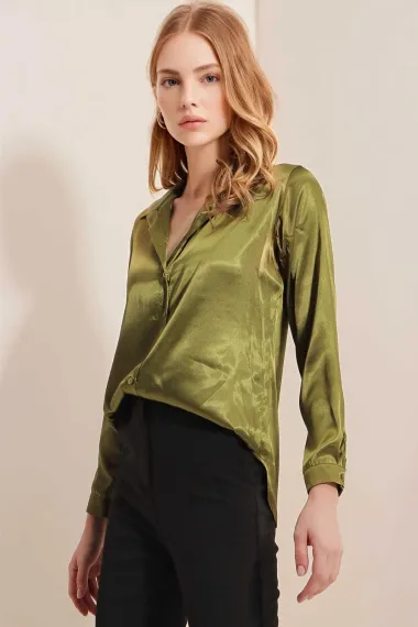 Women's Oil Green Lightly Flowing Satin Surface Shirt HZL22W-BD139641 - photo 3