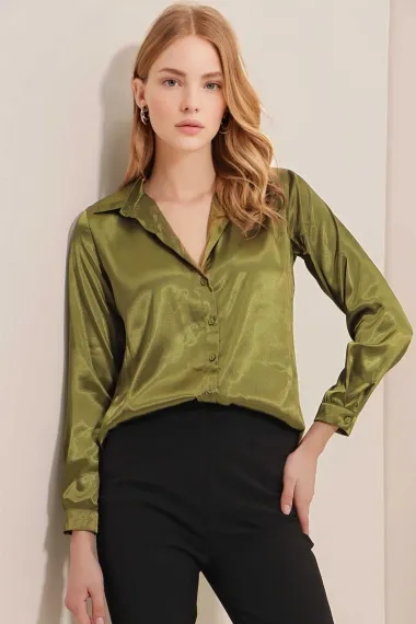 Women's Oil Green Lightly Flowing Satin Surface Shirt HZL22W-BD139641 - photo 4