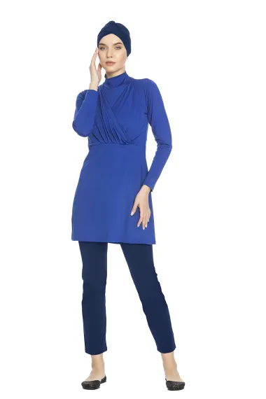 Women's Hijab Blue Long Sleeve Bonnet Full Covered Tights Lycra Dress Swimsuit HZL24S-AR1285-33