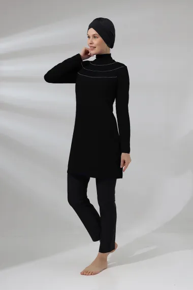 Women's Hijab Black Turtleneck Long Sleeve Full Covered Tights Lycra Dress Swimsuit HZL24S-AR1286-01