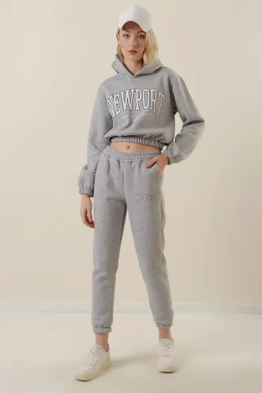 Women's Gray Hooded Printed Fleece Top Crop Undershirt Tracksuit Set HZL23W-BD1553971 - photo 1