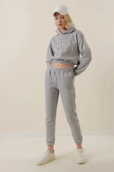 Women's Gray Hooded Printed Fleece Top Crop Undershirt Tracksuit Set HZL23W-BD1553971 - photo 5