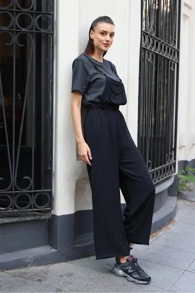 Women's Black Adjustable Strap Front Pocket Ring Detailed Wide Leg Gardener Overalls HZL24S-BD170231 - photo 3