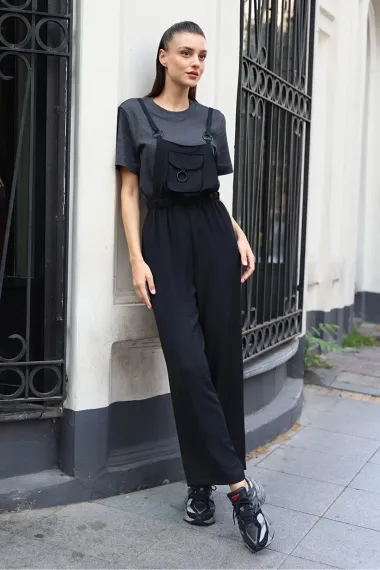 Women's Black Adjustable Strap Front Pocket Ring Detailed Wide Leg Gardener Overalls HZL24S-BD170231 - photo 4