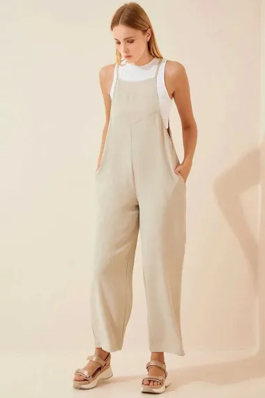 Women's Cream Adjustable Strap Pocket Wide Leg Gardener Overalls HZL22S-BD170191 - photo 2