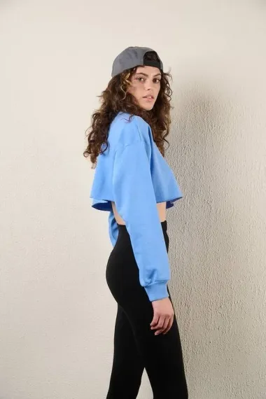 Women's Blue Basic Crew Neck Long Sleeve Crop Sweatshirt, 95% Cotton, Low Shoulder Design, Available in Sizes 34-40 - photo 3