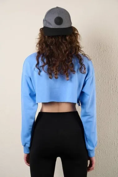 Women's Blue Basic Crew Neck Long Sleeve Crop Sweatshirt, 95% Cotton, Low Shoulder Design, Available in Sizes 34-40 - photo 5