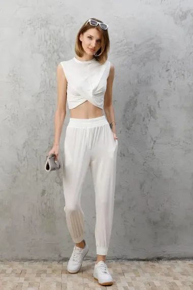 Women's White Front Knotted Bottom-Top Double Shalwar Suit HZL23S-SND120141 - photo 1