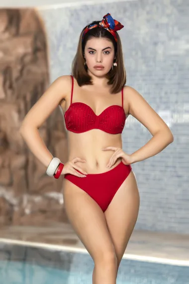 Kadın Kırmızı Taş Detaylı İnce Askılı Kaplı Üçgen Bikini Takımı HZL24S-AR1665-03 - fotoğraf 1