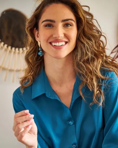 Women's Petrol Blue Lightly Flowing Satin Surface Shirt HZL22W-BD139641 - photo 2