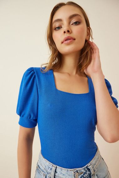 Жіноча блакитна блуза з квадратним вирізом, в'язана, 93% поліестер, 7% лайкра, розміри 34-46 - фото 3