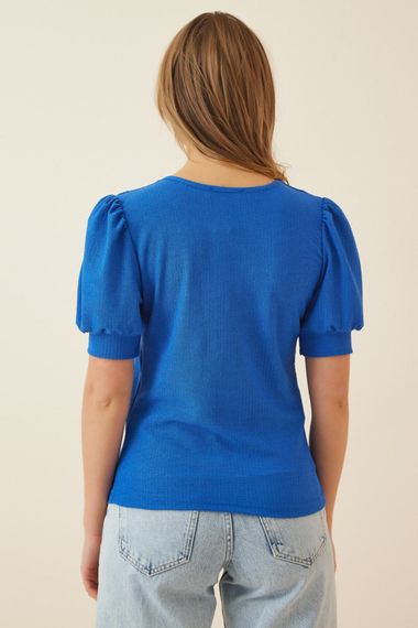 Жіноча блакитна блуза з квадратним вирізом, в'язана, 93% поліестер, 7% лайкра, розміри 34-46 - фото 4