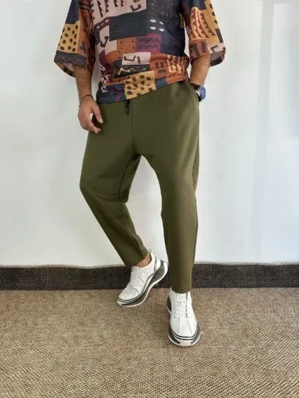 Erkek Haki Yeşil Beli İp Bağlamalı Düz Kesim Cepli Pantolon Eşofman Altı HZL24S-MXC8948-194 - fotoğraf 1