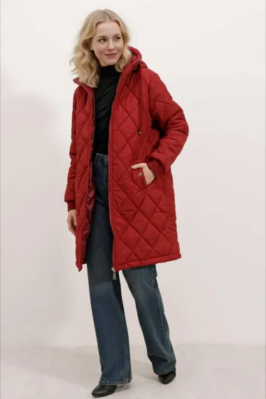 Kadın Bordo Kapitone Uzun Şişme Mont HZL22W-BD151381 - fotoğraf 4