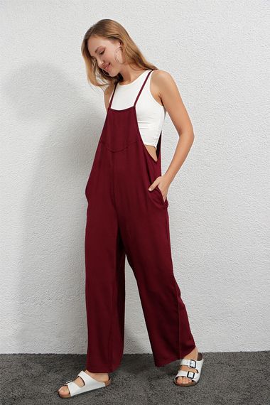 Kadın Bordo Ayarlanabilir Askılı Cepli Bol Paça Bahçıvan Tulum Hzl22s-bd170191 - fotoğraf 2