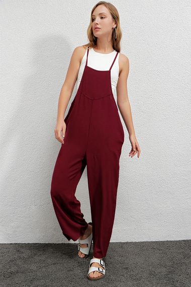 Kadın Bordo Ayarlanabilir Askılı Cepli Bol Paça Bahçıvan Tulum Hzl22s-bd170191 - fotoğraf 1