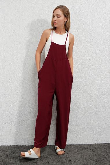 Kadın Bordo Ayarlanabilir Askılı Cepli Bol Paça Bahçıvan Tulum Hzl22s-bd170191 - fotoğraf 4