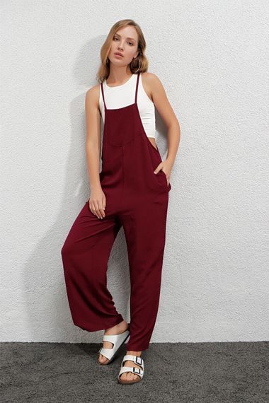 Kadın Bordo Ayarlanabilir Askılı Cepli Bol Paça Bahçıvan Tulum Hzl22s-bd170191 - fotoğraf 5