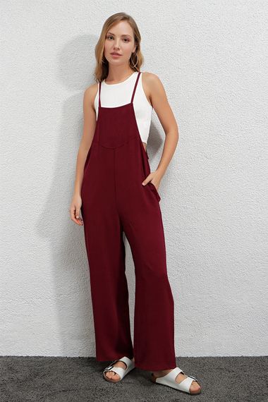 Kadın Bordo Ayarlanabilir Askılı Cepli Bol Paça Bahçıvan Tulum Hzl22s-bd170191 - fotoğraf 3