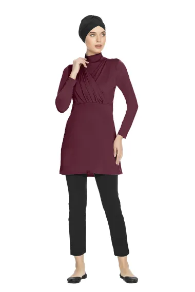 Women's Hijab Burgundy Long Sleeve Bonnet Full Covered Tights Lycra Dress Swimsuit HZL24S-AR1285-09