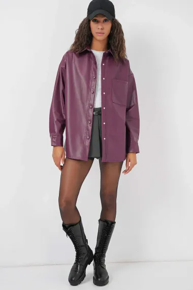 Kadın Mürdüm Çıt Çıt Düğmeli Oversize Suni Deri Gömlek Ceket HZL23W-BD1201341 - photo 1