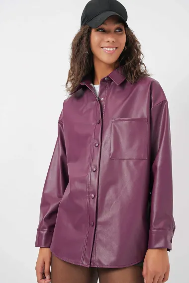 Kadın Mürdüm Çıt Çıt Düğmeli Oversize Suni Deri Gömlek Ceket HZL23W-BD1201341 - photo 2