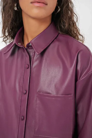 Kadın Mürdüm Çıt Çıt Düğmeli Oversize Suni Deri Gömlek Ceket HZL23W-BD1201341 - photo 5