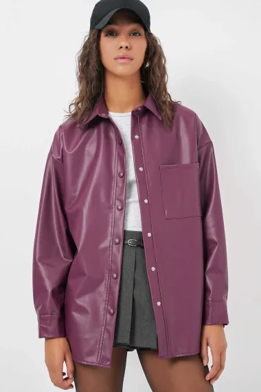 Kadın Mürdüm Çıt Çıt Düğmeli Oversize Suni Deri Gömlek Ceket HZL23W-BD1201341 - photo 3