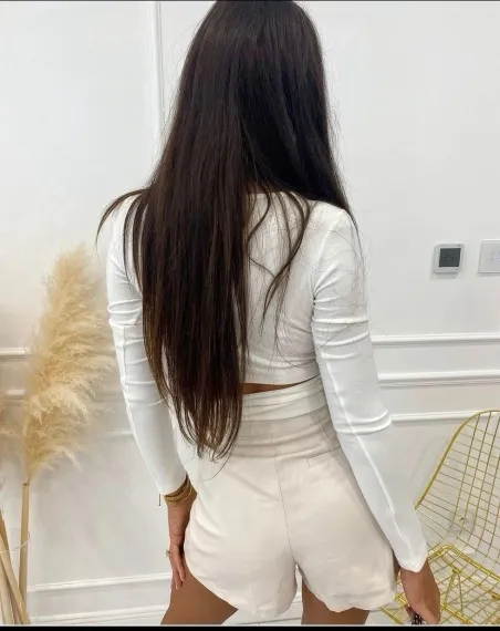 Біла жіноча блуза з U-вирізом та зав'язкою на пояс, з еластичної каşkorse тканини, 65% бавовна, 35% поліестер