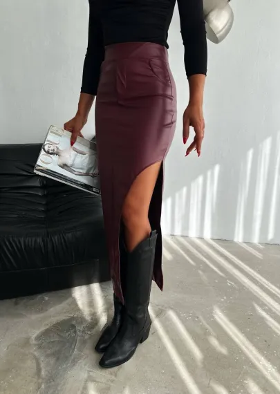 Kadın Bordo Yüksek Bel Cep Detaylı Yandan Yırtmaçlı Etek HZL25W-FRY122461 - photo 1