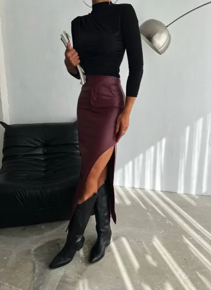 Kadın Bordo Yüksek Bel Cep Detaylı Yandan Yırtmaçlı Etek HZL25W-FRY122461 - photo 3