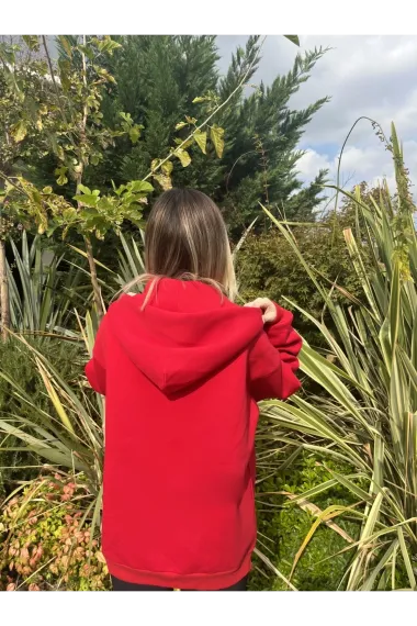 Женский красный худи с капюшоном и молнией, оверсайз, с карманами, внутренний флис, 95% хлопок, 5% лайкра, размеры 36-42 - фото 5