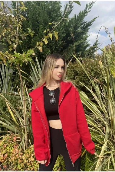 Женский красный худи с капюшоном и молнией, оверсайз, с карманами, внутренний флис, 95% хлопок, 5% лайкра, размеры 36-42 - фото 4