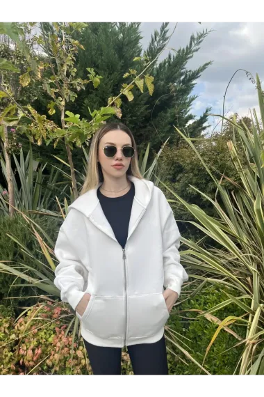 Kadın Beyaz Kapüşonlu Fermuarlı Şardonlu Oversize Sweatshirt HZL24W-ZK146 - fotoğraf 5