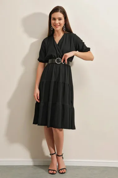 Women's Black V-Neck Elastic Waist Black Belted Knitted Dress HZL23S-BD123771 - photo 2